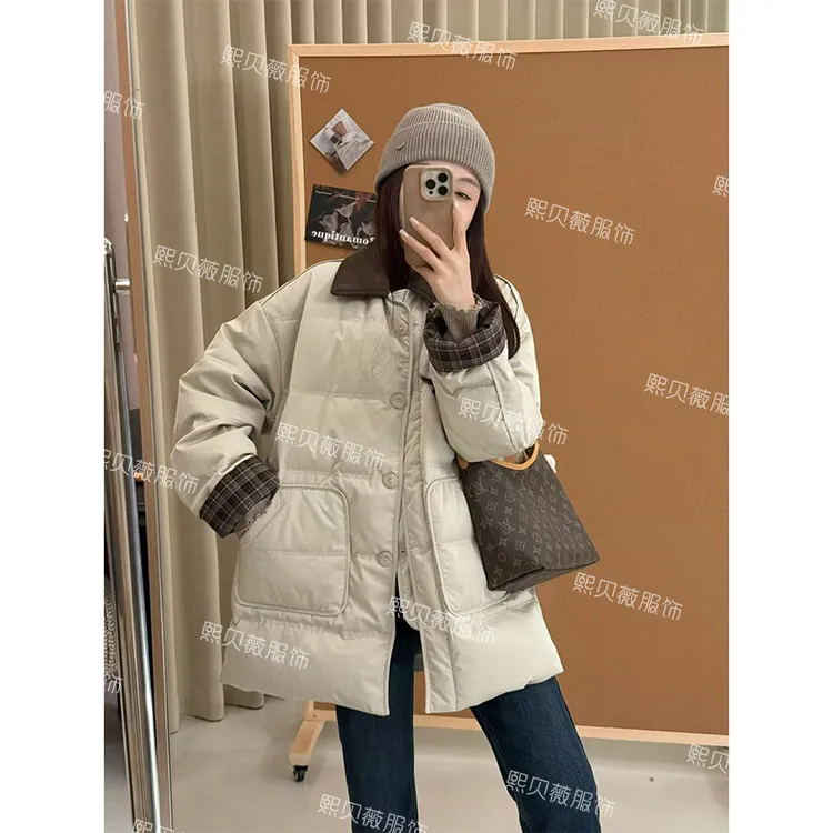 熙贝薇7 冬季新款撞色格纹新国标90白鸭绒中长款羽绒服 G5870