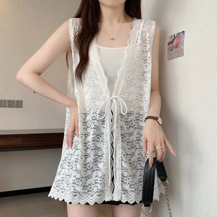 大码法式气质蕾丝背心女夏季新款胖mm蝴蝶结薄款宽松无袖衬衫上衣