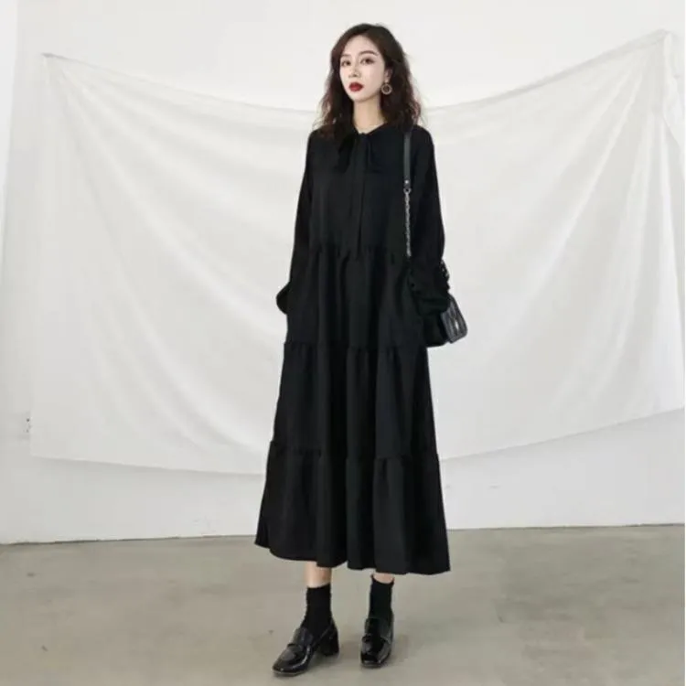 大码女装2025秋季新款胖mm遮肚显瘦法式气质黑色赫本风长袖连衣裙