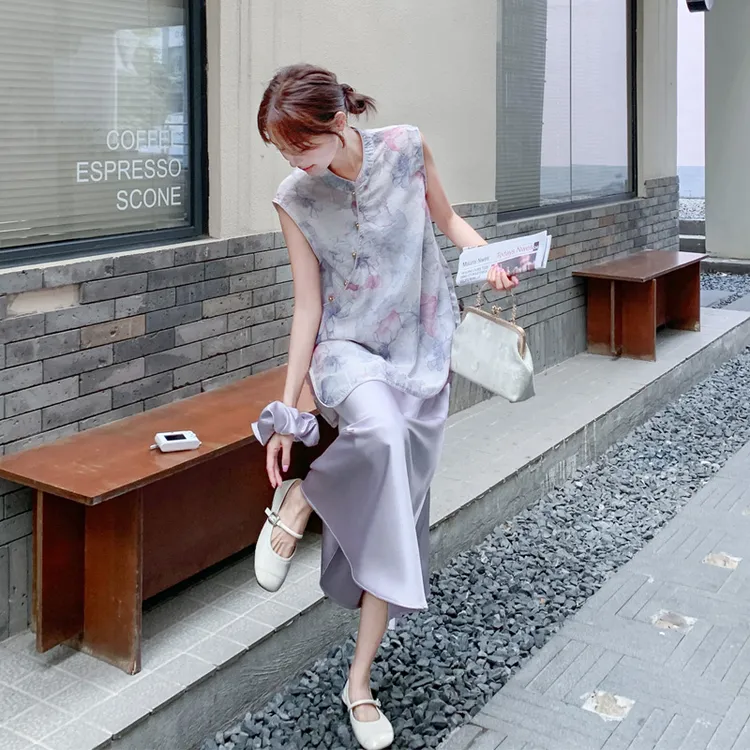 新中式清冷国风水墨印花无袖上衣醋酸裙2025夏季新款复古文艺套装