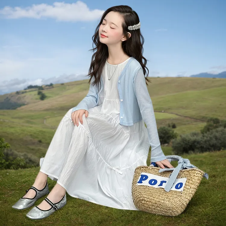 女大童连衣裙2025新款韩系儿童白色吊带裙女童收腰长裙防晒开衫夏