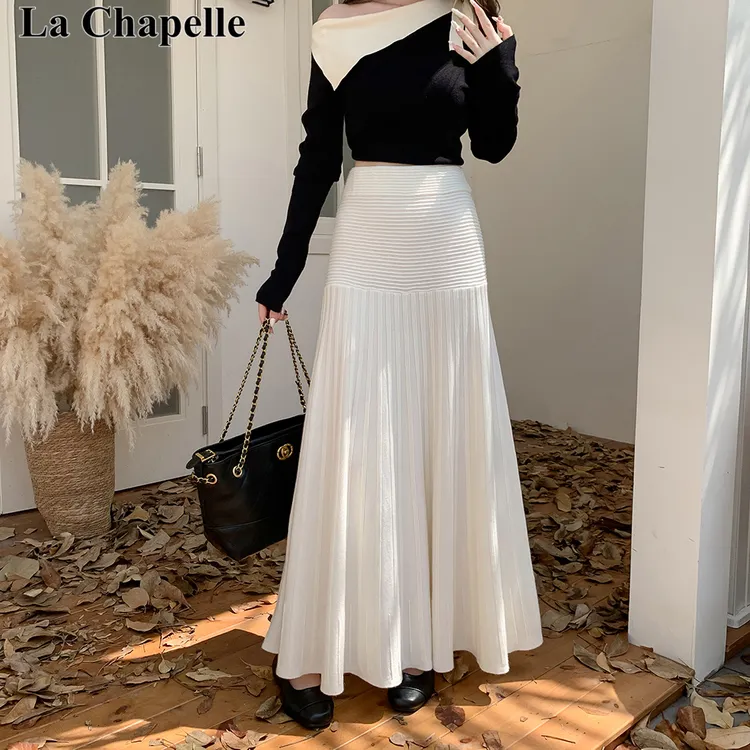 拉夏贝尔新款温柔风气质百搭半身裙秋冬季针织鱼尾裙加厚中长款女