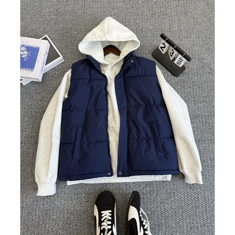 美式藏青色马甲棉服男女秋冬款潮牌加厚保暖无袖背心立领棉衣外套