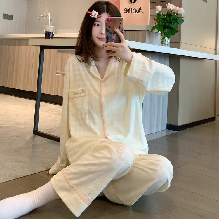 长袖长裤开衫睡衣女2025新款春秋季休闲甜美韩版家居服可外穿套装