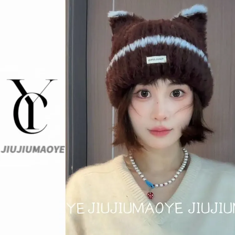 秋冬毛绒条纹百搭针织帽甜美可爱猫耳朵包头帽子女韩系显脸小时尚