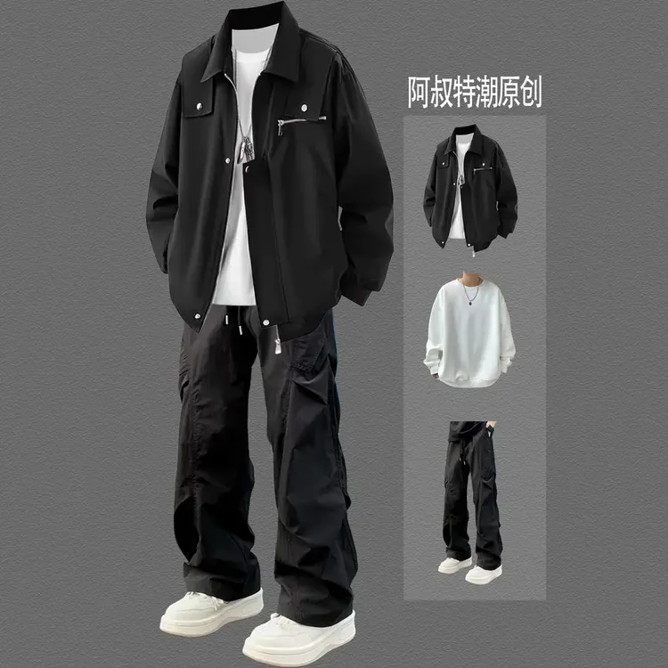 美式高街翻领夹克秋季男装套装飞行员潮牌外套工装酷搭学生三件套