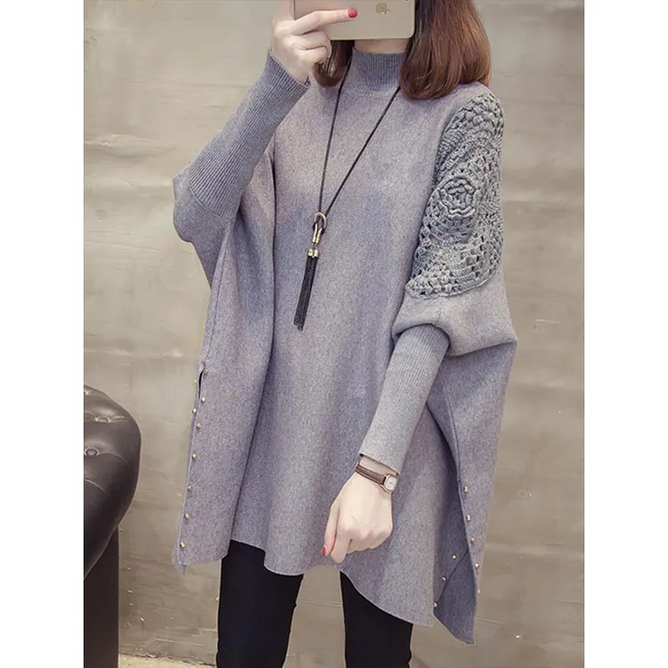 8896#半高领毛衣女中长款秋冬新款镂空蝙蝠袖打底针织衫斗篷外套