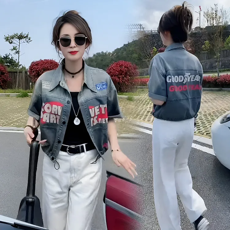 高含棉时尚韩版牛仔短袖外套女2025年夏季新款宽松字母印花上衣潮