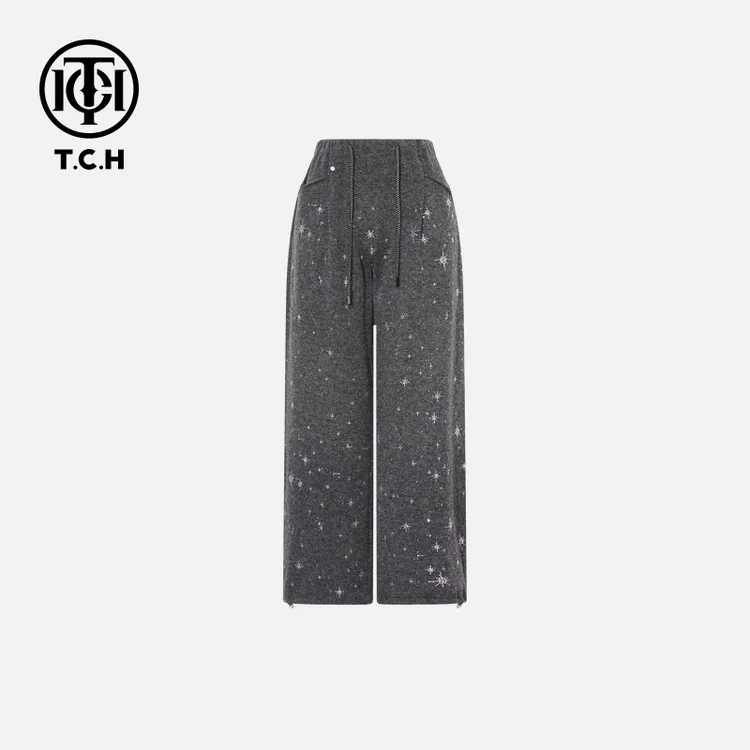 TCH【直筒阔腿】冬款百搭时尚烫钻慵懒风深灰色休闲裤T75D20E1156