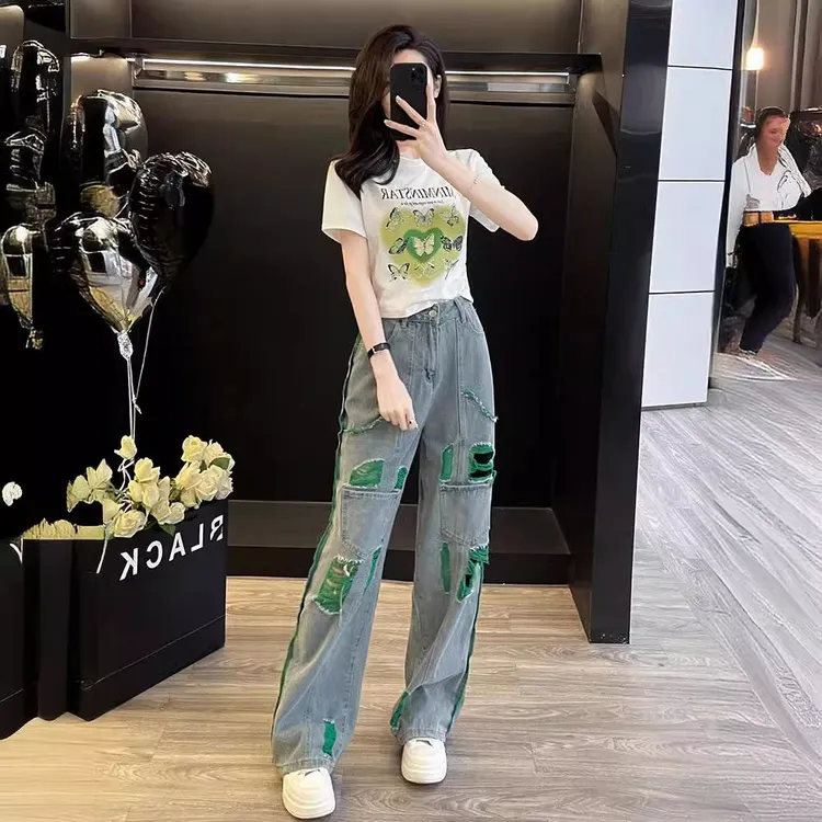 休闲运动套装女夏季炸街减龄时尚烫钻短袖破洞牛仔阔腿裤两件套潮