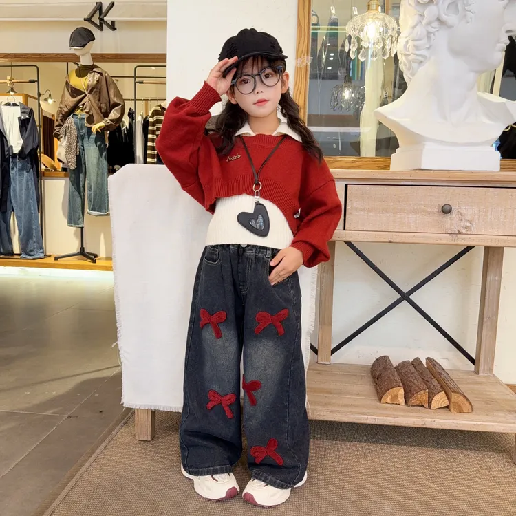 女童2025新款翻领针织毛线衣真两件美式高街蝴蝶结绣花加绒牛仔裤