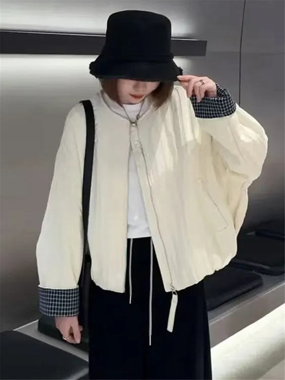 小香风短外套女夹棉上衣2025秋新款圆领棉衣夹克格子拼接薄款棉衣