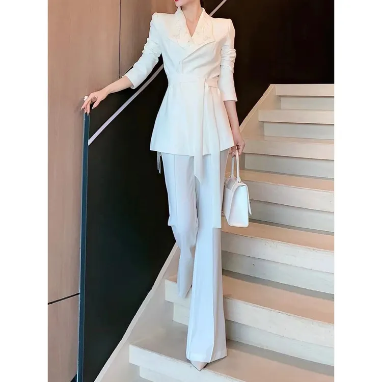 秋季新款干练优雅女装高端时尚街头风格白色西装套装