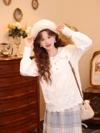 温舒敏【白蔷薇诗篇】复古港风秋冬厚款宽松蕾丝衫上衣MM2477721