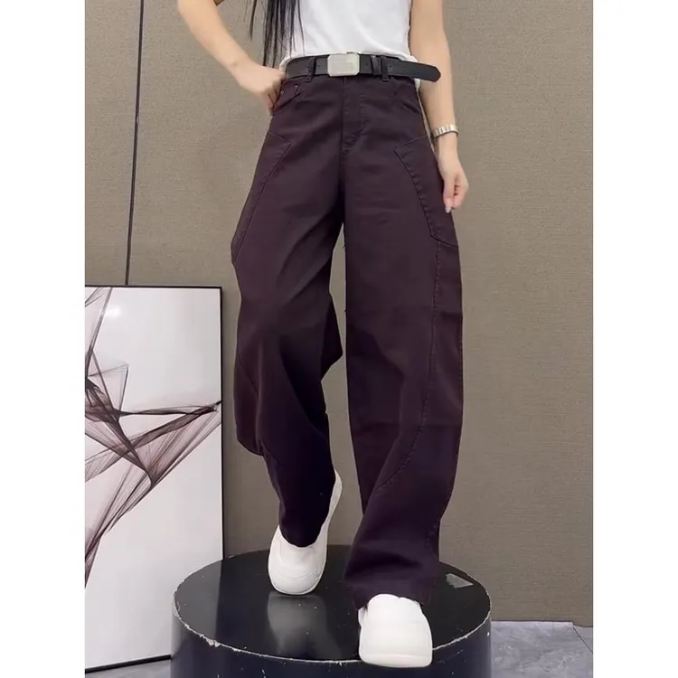 水洗棉牛仔长裤女秋季新款高腰宽松阔腿弯刀裤时尚显瘦休闲哈伦裤