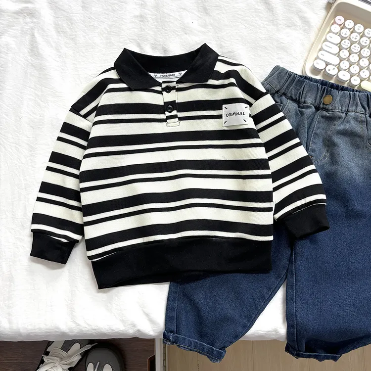儿童卫衣2025春秋新款韩版百搭条纹上衣男女童潮酷翻领POLO衫长袖