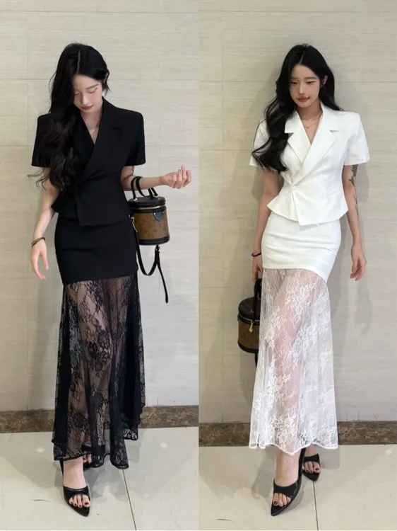 PANPANSTUDIO【白月光】韩系极简大牌感通勤西服套装女包臀蕾丝裙