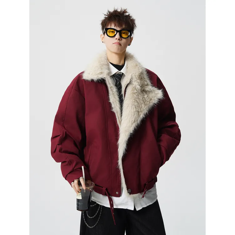 美式红色座山雕棉衣男款冬季重磅加绒加厚保暖外套潮牌设计感棉服