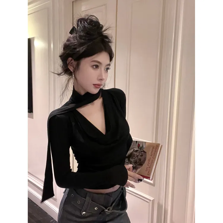 秋季新款辣妹风V字荡领飘带显瘦长袖T恤女性感上衣洋气衣服女