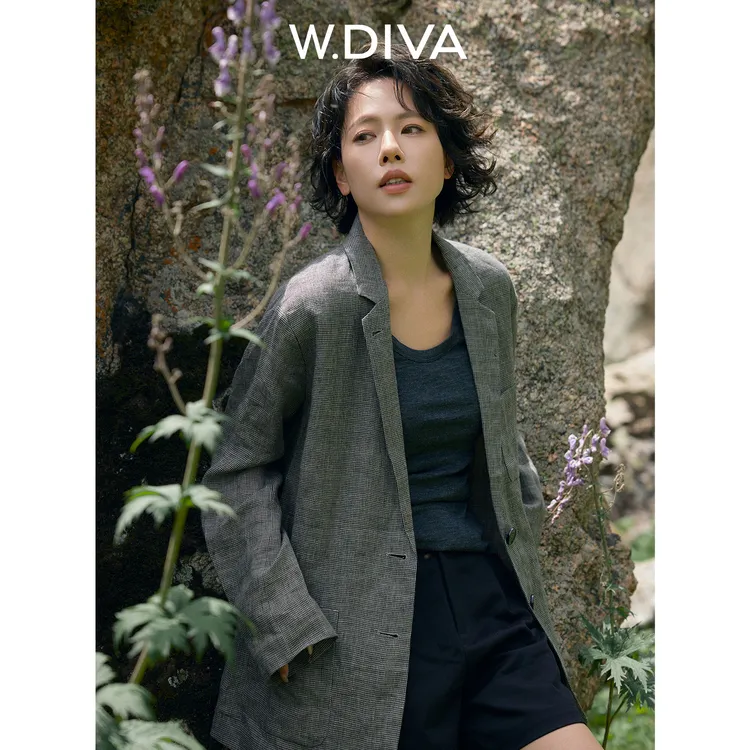 W.Diva【麻叙旧时光】色织亚麻千鸟格廓形平驳领西装外套52C272210
