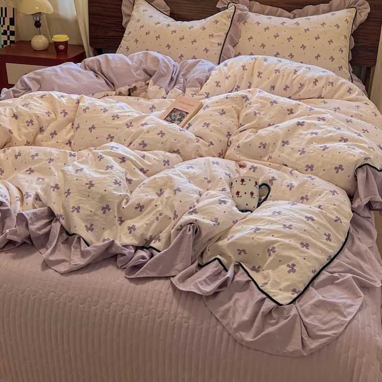 四季款款亲肤舒适高克重云感棉复古小清新床盖四件套花边款