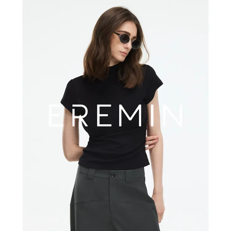 DE Mincollection瘦瘦黑T/烟囱领小飞袖弹力竖坑条收腰T恤55072