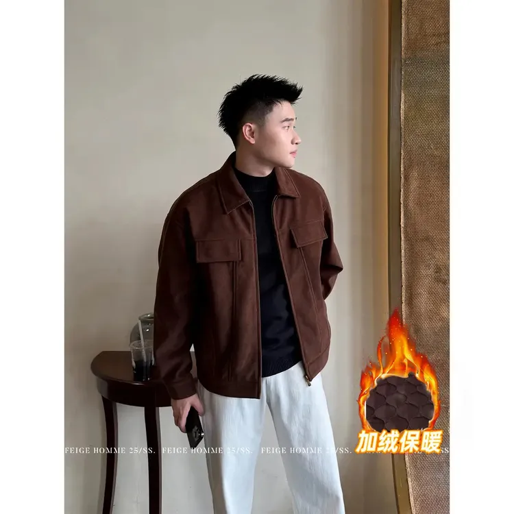 APENG冬季『法尼奥绒』绒面质感复古免烫翻领麂皮绒棉服外套#3553