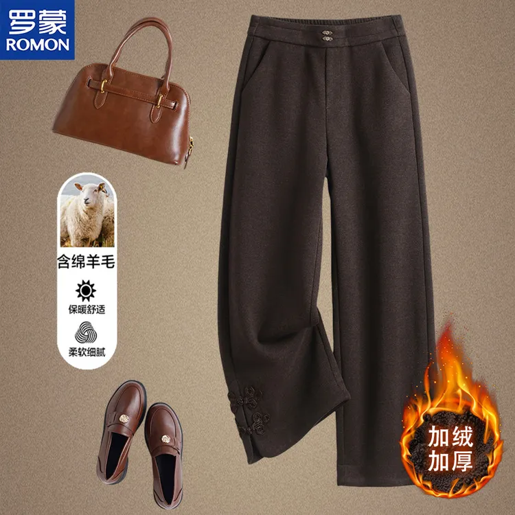 罗蒙品牌妈妈冬装羊毛呢裤中老年人女装秋冬季加绒加厚款直筒棉裤