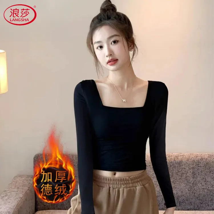 浪莎黑色方领加绒加厚长袖打底衫女2025春秋短款高腰百搭显瘦韩版