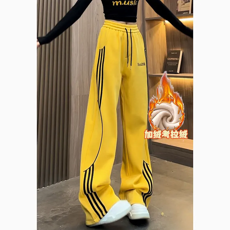 加绒加厚保暖考拉绒休闲裤2025冬季新款撞色条纹时尚字母阔腿裤女