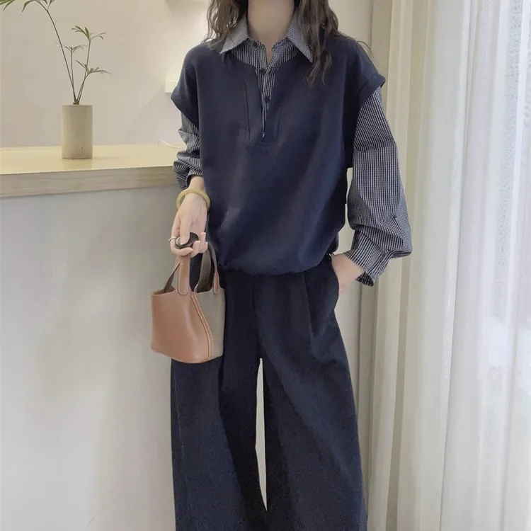 大码假两件拼接格子衬衫女春秋微胖mm遮肚子显瘦洋气百搭长袖上衣