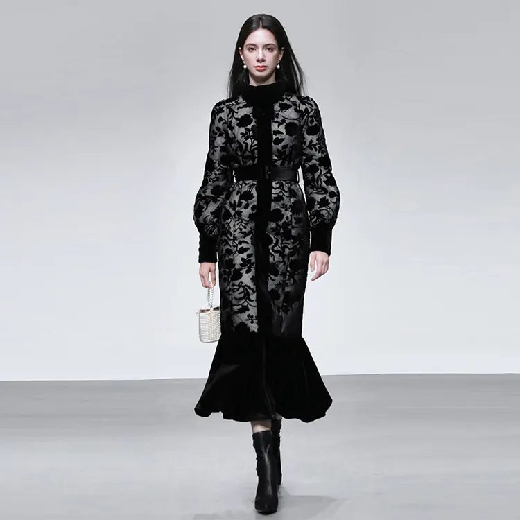 冬新款新中式立领灯笼袖收腰直筒荷叶摆烧花丝绒羽绒服GC35939