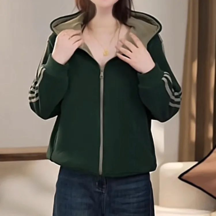 连帽运动风宽松长袖外套女2025春秋季新款洋气撞色拉链款开衫上衣