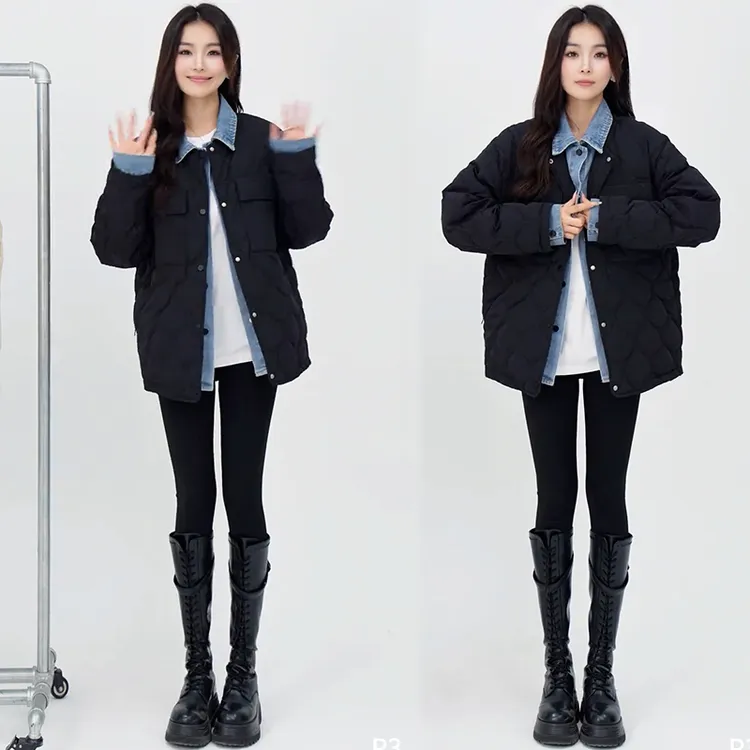 拉夏贝尔时尚短外套2025冬季新款洋气显瘦假两件牛仔拼接外套