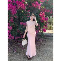 凌茜【桃花恋】新中式雪纺刺绣上衣女春夏缎面鱼尾修身半身裙套装