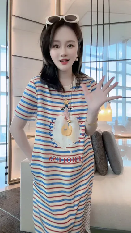 【丝芙玉禄】(S444)真丝双乔圆领条纹图案桑蚕丝女装连衣裙