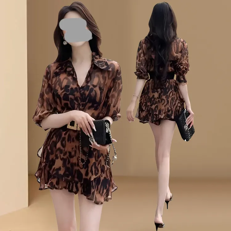 韩版时尚气质豹纹套装女2025夏季新款宽松衬衫上衣高腰短裤两件套