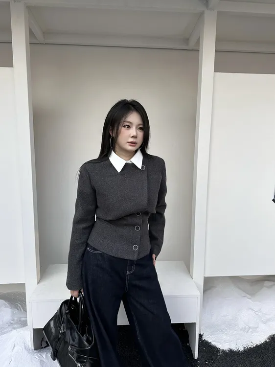 【大小姐】“智感腔调”韩版设计感翻领拼接外套百搭休闲长袖上衣