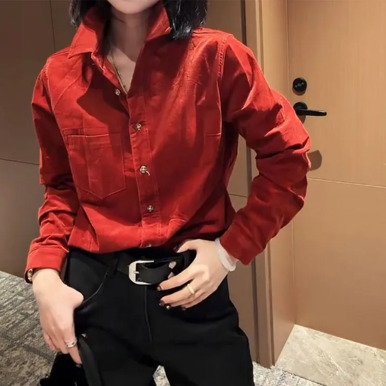 萱贝纯圣诞新年高级感长袖衬衫2025秋冬新款时尚翻领红色衬衣外套