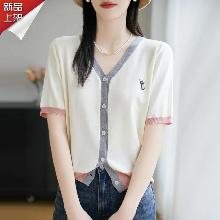 哥弟阿玛施正品春夏V领拼色刺绣桑蚕丝针织开衫洋气小众宽松短袖