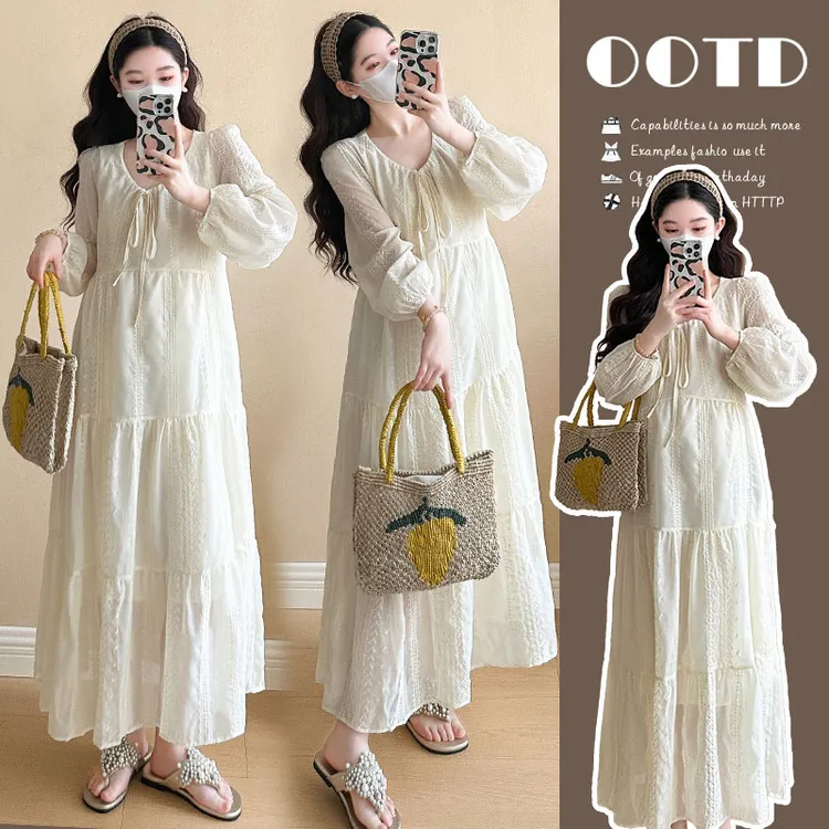 孕妇装2025春季韩系法式赫本风蕾丝刺绣宽松显瘦减龄中长款连衣裙