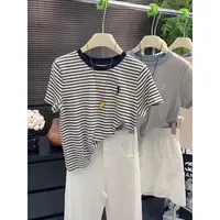 外贸原单韩版宽松显瘦百搭圆领条纹短袖T恤女设计感小众上衣25064