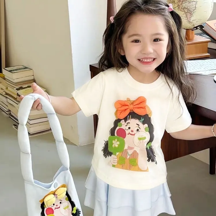 女童韩版立体蝴蝶结短袖T恤2025夏季新款女宝宝洋气卡通纯棉上衣1