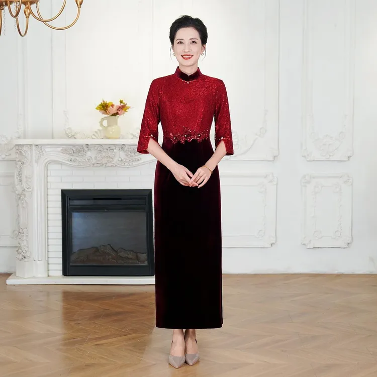 秋冬气质丝绒蕾丝喜妈妈婚礼显瘦旗袍新中式中国风喜婆婆宴会礼服