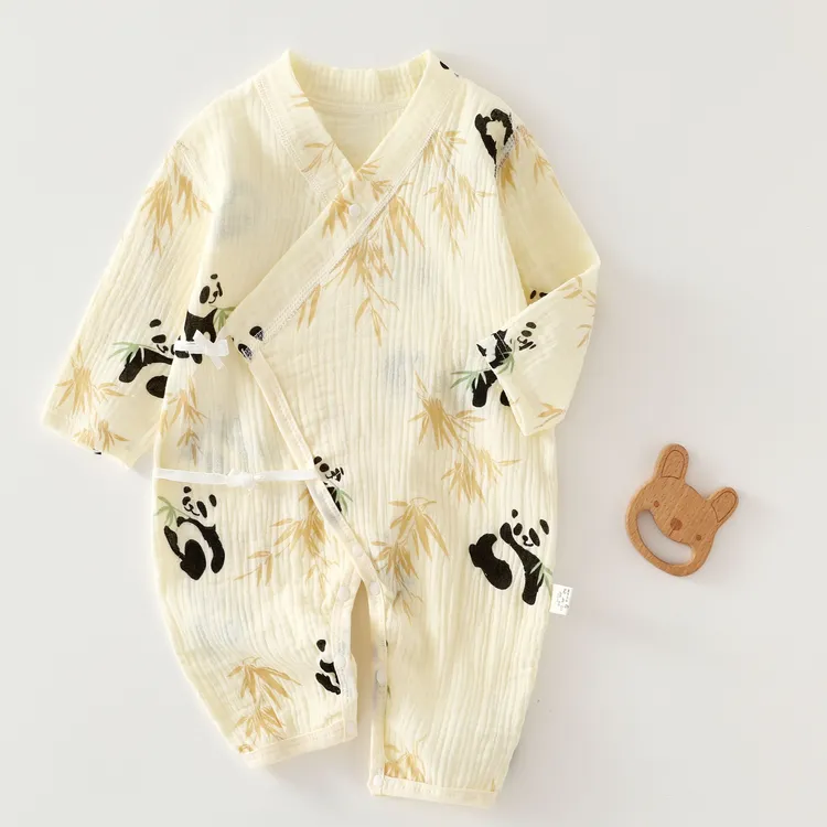 婴幼儿双层纱布a类夏季宝宝连体衣超薄纱纯棉长袖和尚服哈衣爬服