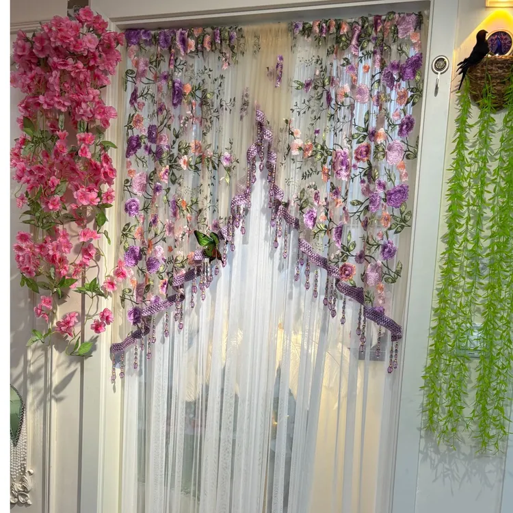 轻奢高定紫韵长款纱帘免打孔安装隔断拱形门纱帘软装