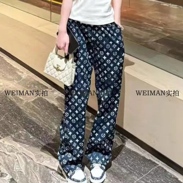 藏青色老花休闲裤女夏季新款宽松显瘦垂坠感高腰直筒裤薄款长裤子