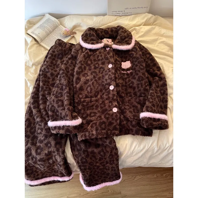 韩系毛绒豹纹kitty珊瑚绒睡衣女秋冬新款加绒加厚保暖家居服套装