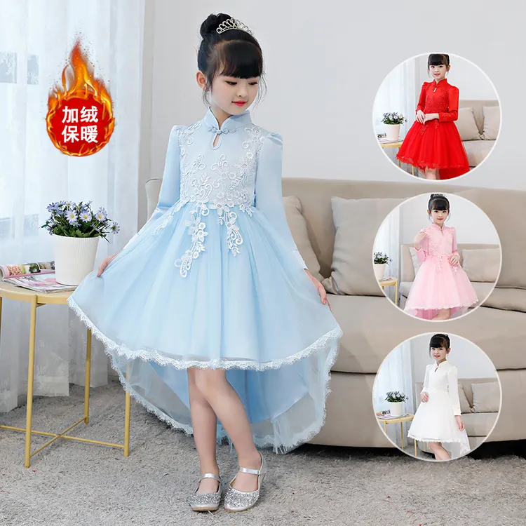 女童公主裙2025秋冬款中国风旗袍3-13岁中大童装儿童拖尾礼服裙
