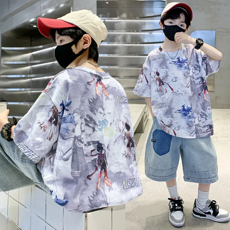 男童夏装短袖套装6-12岁哪吒中大童夏季炸街痞帅儿童帅气运动潮流